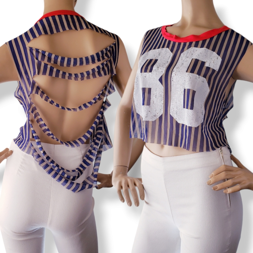 Voll Striped Mesh "86"  Print Crop Top With Distressed Back